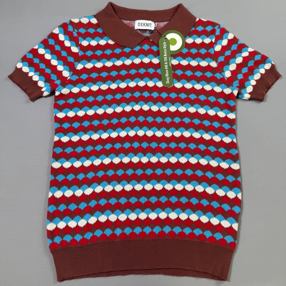 OXKNIT Polo Shirt Mens Medium Brown Red Blue 60s 70s Retro Geometric Cotton NEW
